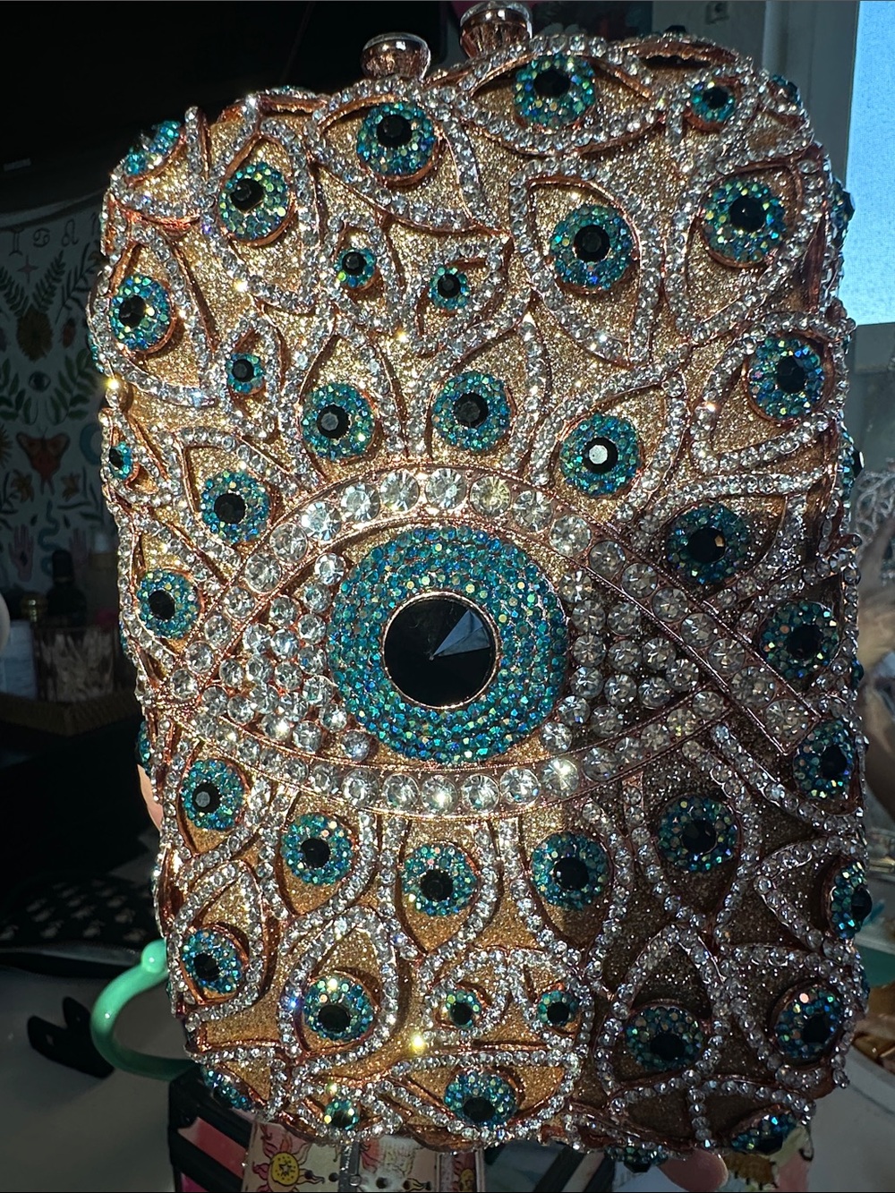 Peacock evil eyes Crystal Minaudiere Rose Gold Jeweled Rhinestone Clutch